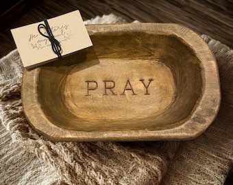 Hand Carved Wood Prayer Bowl: Rustic Christian Gift with Prayer Cards