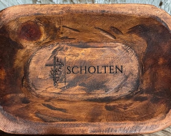 Personalized Family Name Prayer Bowl: Rustic Wood Dough Bowl with Scripture Cards