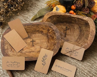 Hand Carved Wood Prayer Bowl with Cross and Scripture Cards