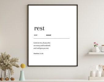 Mattheüs 11:28 Bijbeltekstkunst | Definitie van rust (digitale download)