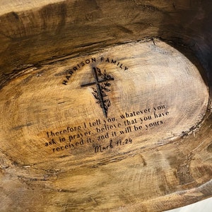 Cuenco de madera personalizado para oración/Marcos 11/Recuerdo familiar grabado/Tarjetas bíblicas/Decoración rústica para el hogar