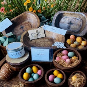 Religious Easter Gift Bowl: Wooden Dough Bowl with Candle & Scripture Cards image 1