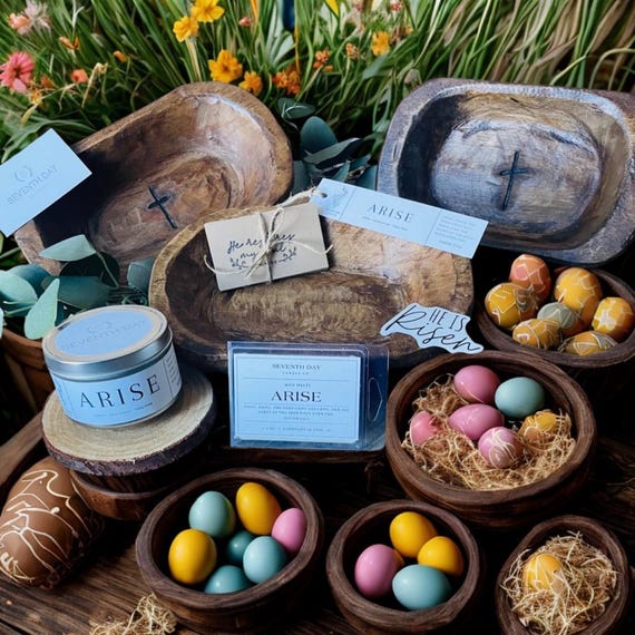 Religious Easter Gift Bowl: Wooden Dough Bowl with Candle & Scripture Cards