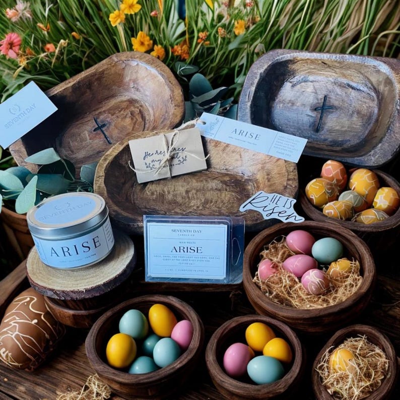 Religious Easter Gift Bowl: Wooden Dough Bowl with Candle & Scripture Cards image 1
