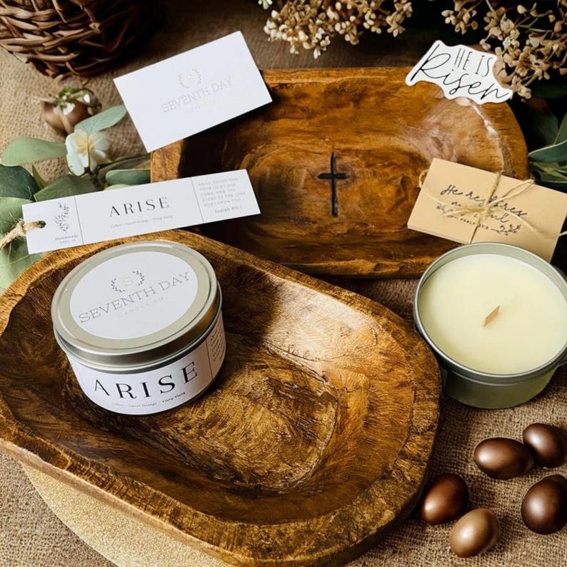 Religious Easter Gift Bowl: Wooden Dough Bowl with Candle & Scripture Cards image 2