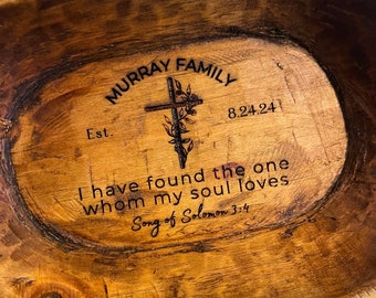 Personalized Wedding Prayer Bowl: Rustic Wooden Catch-All Tray with Scripture Cards