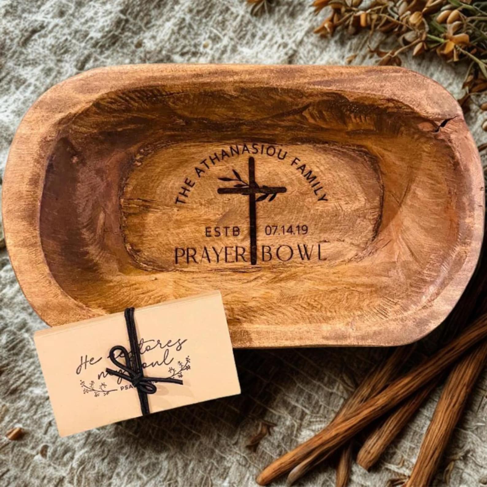 Personalized Family Name Wood Prayer Bowl with Scripture Cards