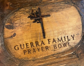 Personalized Family Name Prayer Bowl: Rustic Wood Dough Bowl with Scripture Cards