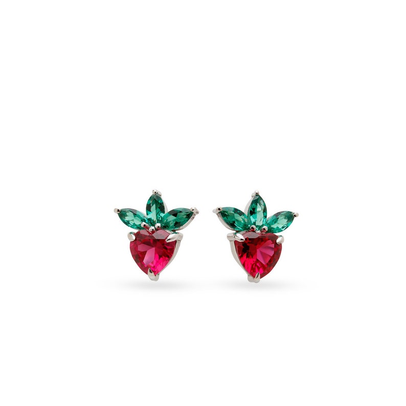 Strawberry Earrings, 14k White Gold Jewellery, Diamond Earrings, Womens Jewelry image 1