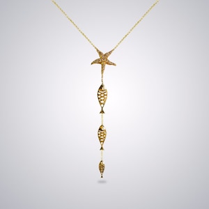 Starfish and Fish Necklace, 3.71gr 14k Gold, 0.25ct Brown Diamond, Gold Jewelry, Gift for Women image 1