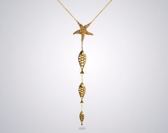 Starfish and Fish Necklace, 3.71gr 14k Gold, 0.25ct Brown Diamond, Gold Jewelry, Gift for Women