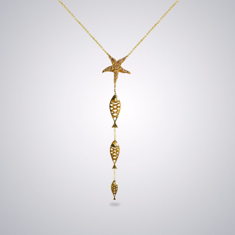 Starfish and Fish Necklace, 3.71gr 14k Gold, 0.25ct Brown Diamond, Gold Jewelry, Gift for Women image 1