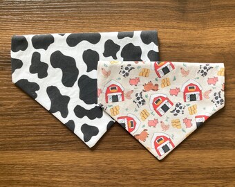 Reversible Dog Bandana: Cow Print & Farm Animals, Over the Collar | Dog Mom Gift | Funny Pet Accessory