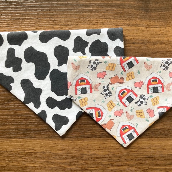 Down on the Farm Reversible Dog Bandana | Over the Collar | Cat Bandana | Personalized | Novelty | Cow Print | Gifts for Pets | Dog Mom