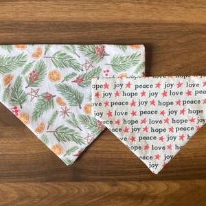 Reversible Christmas Dog Bandana: Peace, Love, Joy - Over the Collar