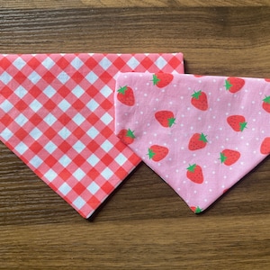 Strawberry Picnic Reversible Dog Bandana | Over the Collar | Cat Bandana | Red Gingham | Personalized | Summer | Gifts for Pets | Spring