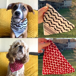 May include: A collage of images featuring dogs wearing bandanas. One dog wears a black and white zigzag patterned bandana, while another sports a red and white patterned bandana. The bandanas are triangular.