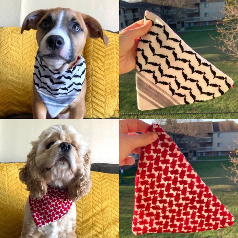 May include: A collage of images featuring dogs wearing bandanas. One dog wears a black and white zigzag patterned bandana, while another sports a red and white patterned bandana. The bandanas are triangular.
