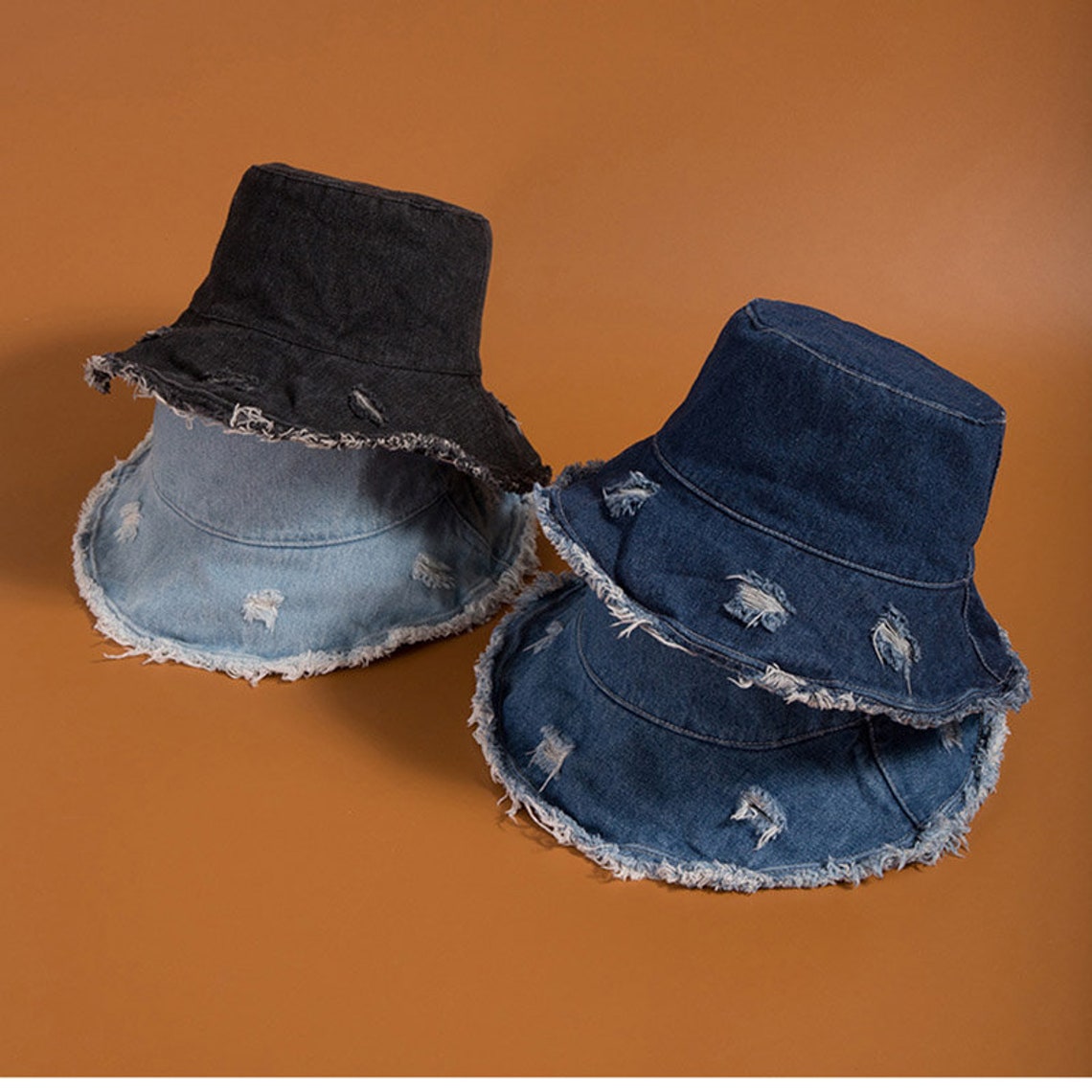 Denim Bucket hat frayed rim bucket hat y2k aesthetic Etsy