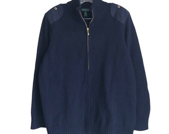 Lauren Ralph Lauren Womens Cardigan Sweater Plus 2X Blue Full Zip Shoulder Patch