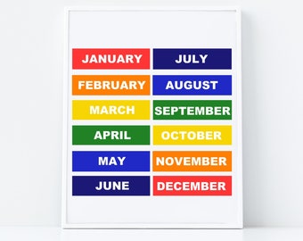 Months of the Year Printable, Montessori Education Poster, Homeschool Learning Print, Colorful Classroom Art, DIGITAL FILE, Nursery print