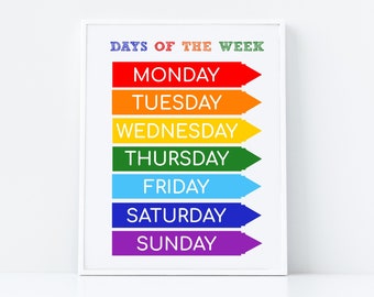 Days of the Week Printable, Montessori Education Poster, Homeschool Resources Learning Print, Nursery Colorful Classroom Art, DIGITAL FILE