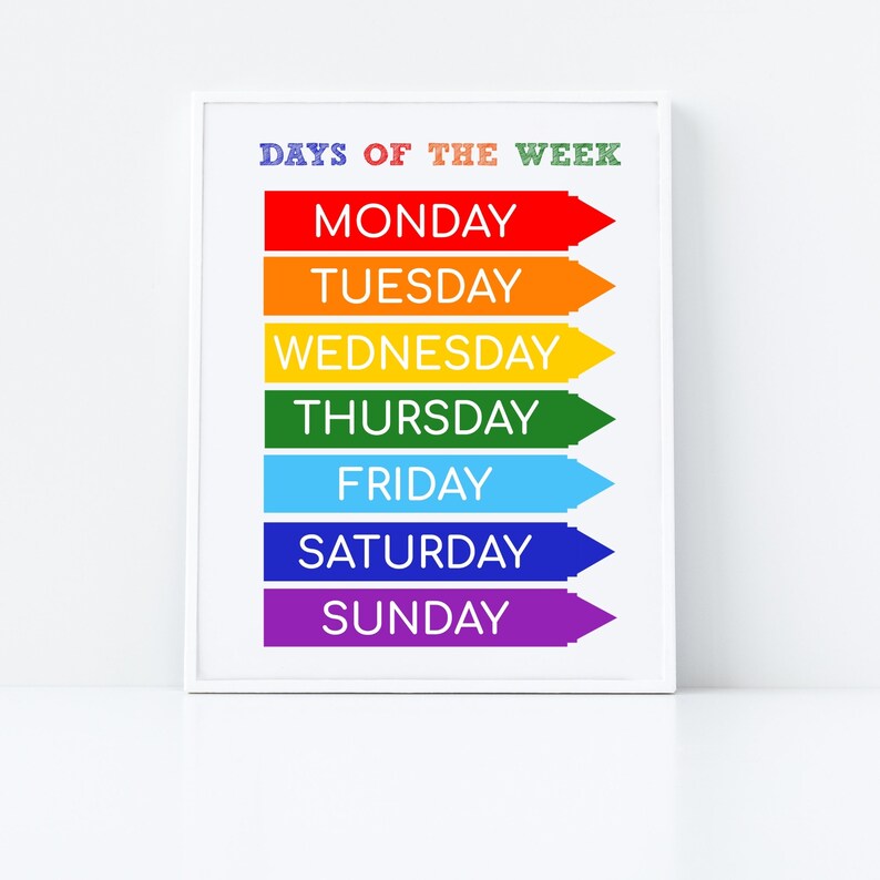 May include: A white framed print with the text "Days of the Week" in blue and red. The days of the week are listed in a rainbow colour scheme, with each day written in white.