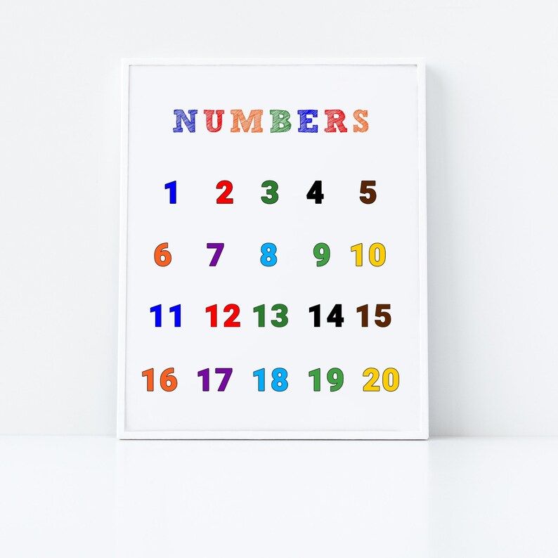 May include: A white framed poster with the word "NUMBERS" in rainbow colours. The numbers 1 through 20 are listed in rows, with each number in a different colour.