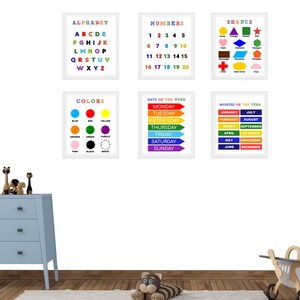 May include: Six colourful educational posters for children. The posters feature the alphabet, numbers, shapes, colours, days of the week, and months of the year.