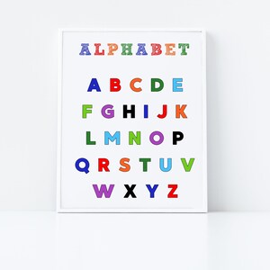 May include: A white framed alphabet poster with the word "ALPHABET" at the top and the letters A through Z in colourful, outlined letters.