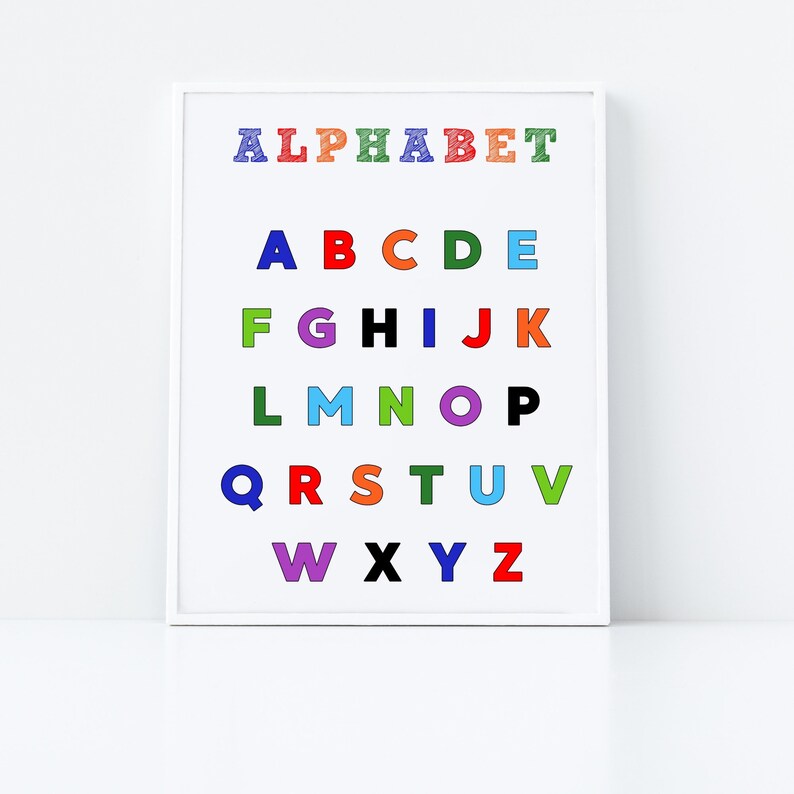 May include: A white framed alphabet poster with the word "ALPHABET" at the top and the letters A through Z in colourful, outlined letters.
