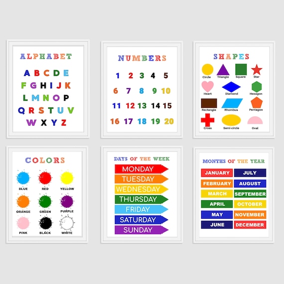 Kids Wall Art, Children's Wall Art, Nursery Set of 6 Prints, Educational Wall Art, Alphabet, Numbers, Colors, Shapes, Days, Months,Preschool