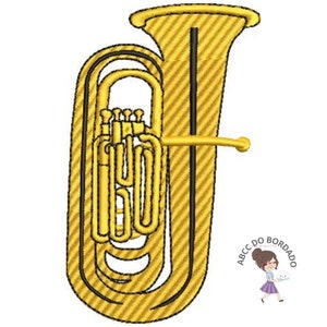 May include: A gold-colored tuba with black accents. The tuba has a bell-shaped mouthpiece and a long, cylindrical body.