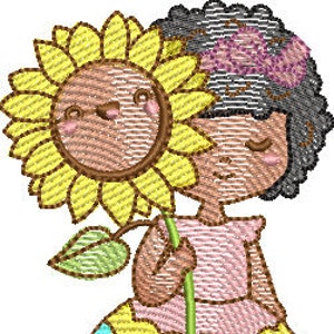 Pode incluir: Uma menina de pele morena com cabelo preto encaracolado está vestindo um vestido rosa e amarelo e segurando um grande girassol amarelo com um rosto sorridente.