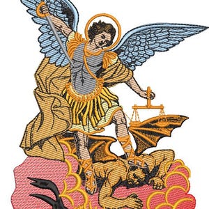 May include: Embroidered image of Saint Michael the Archangel, depicted with wings, a sword, and scales, standing over a demon. The artwork features detailed stitching in shades of gold, blue, and red, with a halo around the saint's head.