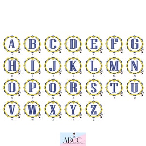 Pode incluir: Um conjunto de letras do alfabeto de A a Z em um design azul e dourado. Cada letra está em um círculo com uma borda dourada e um centro azul. As letras estão em um padrão de grade.
