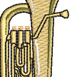 May include: A gold-colored euphonium with a green bell and three valves. The instrument is a brass wind instrument.