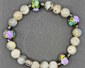 Hand-Painted Kalocsa Floral Bracelet: Hungarian Labradorite Dangle