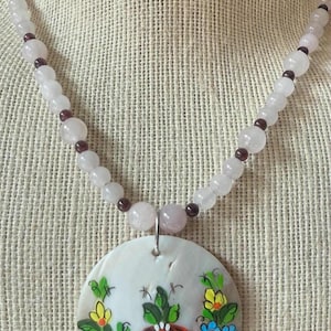 Hungarian Hand-painted  Shell medallion necklace,  rose quartz garnet Kalocsa Magyar Gift Hungary Folklore Fairytale