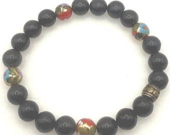 Hand-Painted Floral Glass Bead Bracelet: Black Jasper, Kalocsa Hungary