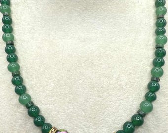 Hand-Painted Kalocsa Wood Bead Necklace: Green Aventurine, 14k Gold Plated Clasp