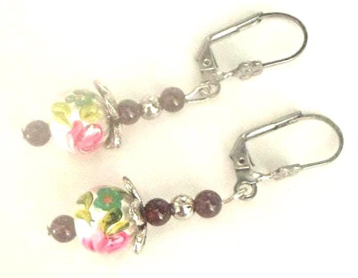Hungarian Hand-painted Glass Beads earrings from Kalocsa, Hungarywith Garnet Beads Magyar Jewelry Gift Folkore Worldwide Ship
