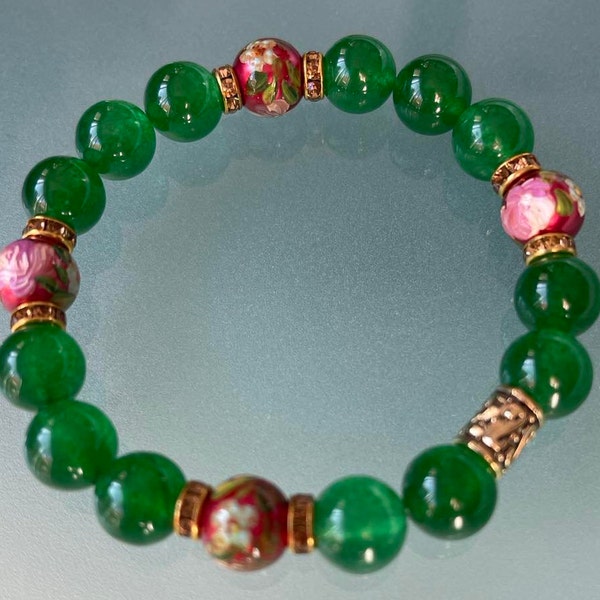 Hungarian Green Aventurine Bracelet with Hand-painted Floral Glass Beads from Hungary Hungarian Jewelry Christmas Gift  Free US Ship