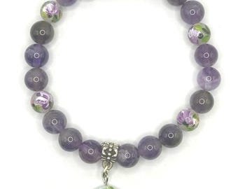 Hungarian Hand-Painted Glass Bead Floral Amethyst Bracelet Kalocsa Hungary Folklore  Fairytale Jewelry Graduation  Gift USA Ship