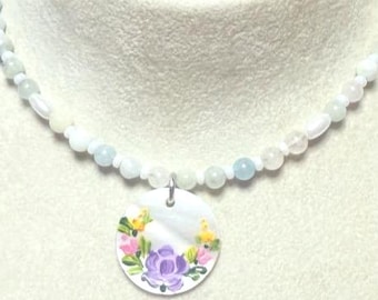 Choker Hand-painted  Shell medallion Morganite necklace Gift - Jewelry Folklore Fairytale Worldwide Ship from US!