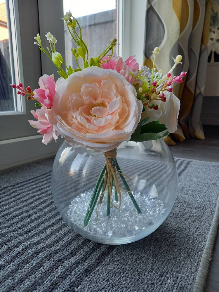 Summer floral arrangement in fish bowl with crystal Etsy