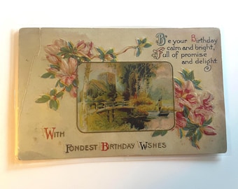 Postal vintage, postal floral antigua, saludo de cumpleaños