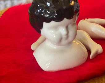 Vintage Porcelain doll head black hair, glazed with arms and legs