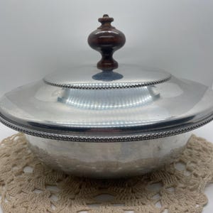 Aluminum covered Dish with wood knob on lid, MCM serving dish