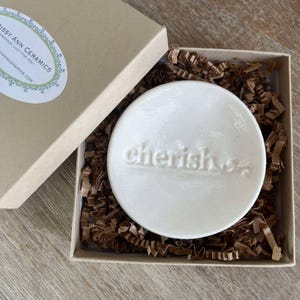 Handmade Ceramic Ring Dish – “Cherish” Jewelry Bowl, 3” White Trinket Dish Gift Boxed – Engagement Gift, Wedding Favor, Keepsake Tray